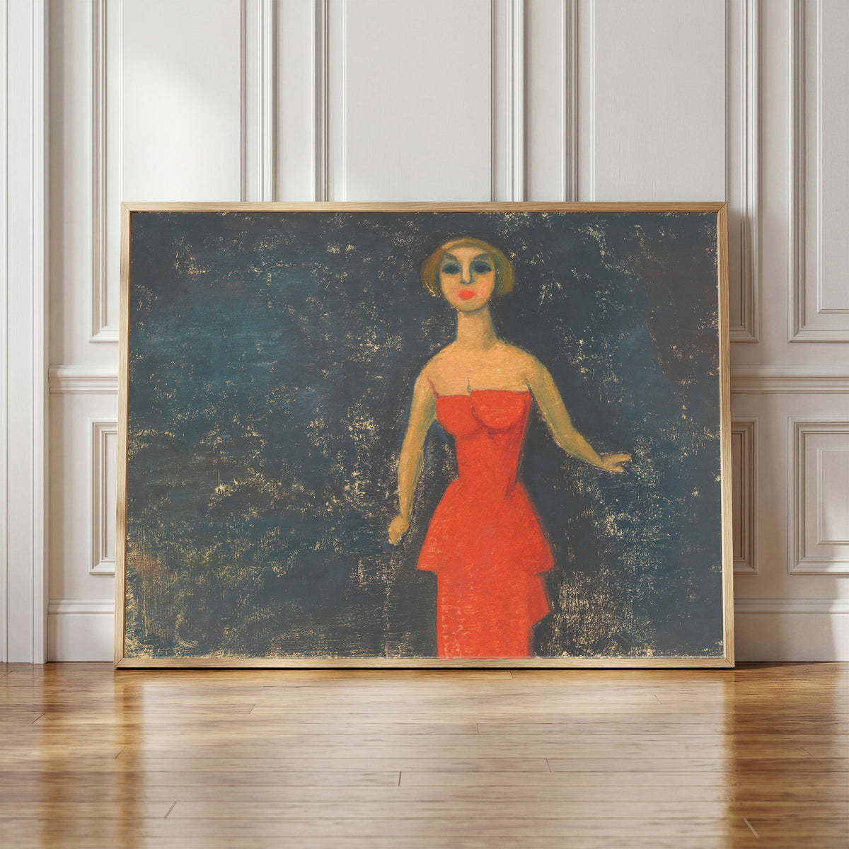 Framed art print of Halbwelt (Demimonde) by Karl Wiener, in a light wood frame leaning against a panelled white wall