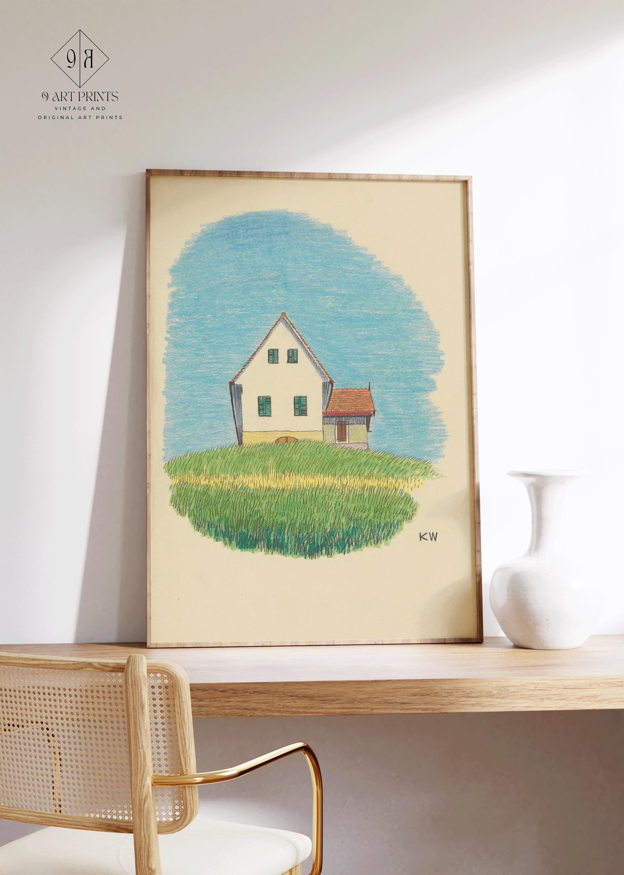 Karl Wiener - House in Meadow | Charming Minimalistic Cartoon Style Illustration Art