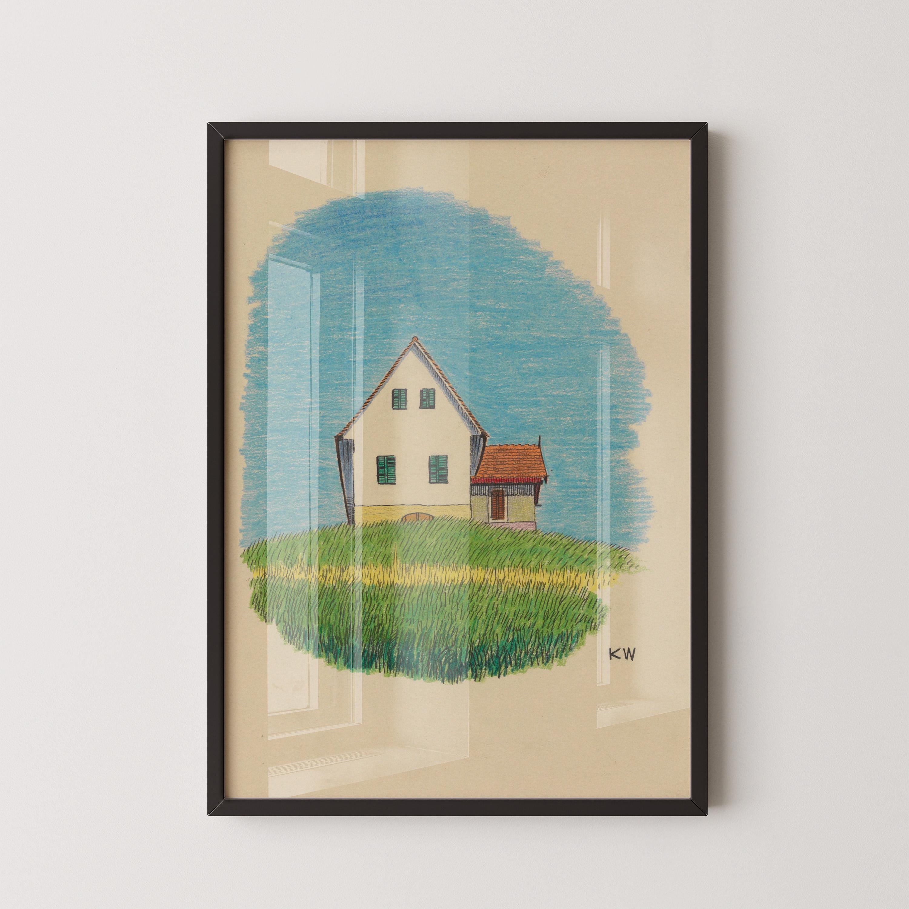 Karl Wiener - House in Meadow | Charming Minimalistic Cartoon Style Illustration Art