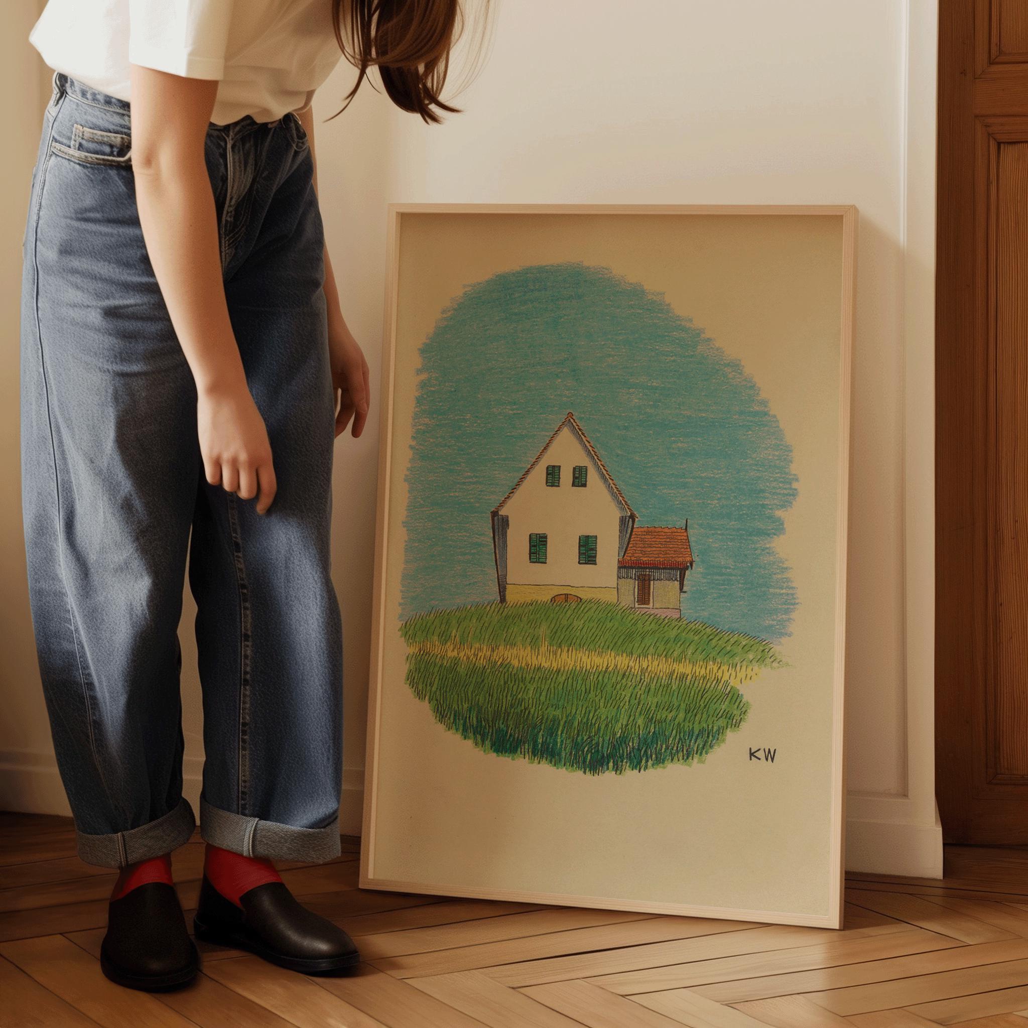 Karl Wiener - House in Meadow | Charming Minimalistic Cartoon Style Illustration Art