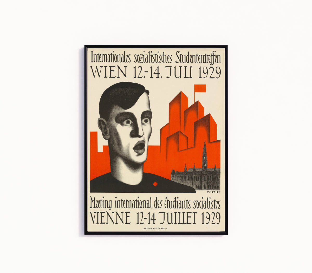 Framed art print of Internationales sozialistisches Studententreffen (International Socialist… by Karl Wiener, in a slim black frame on a plain white wall
