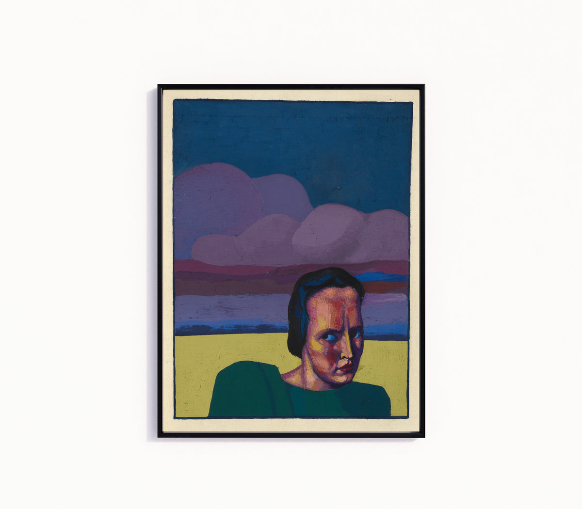 Framed art print of Karfreitag (Good Friday, Female Portrait) by Karl Wiener, in a slim black frame on a plain white wall