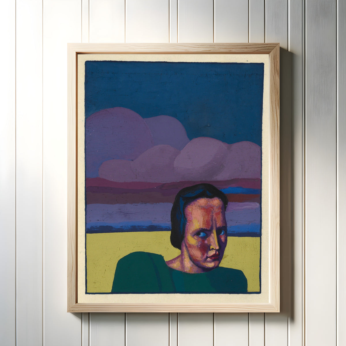 Framed art print of Karfreitag (Good Friday, Female Portrait) by Karl Wiener, in a light wood frame on a white panelled wall