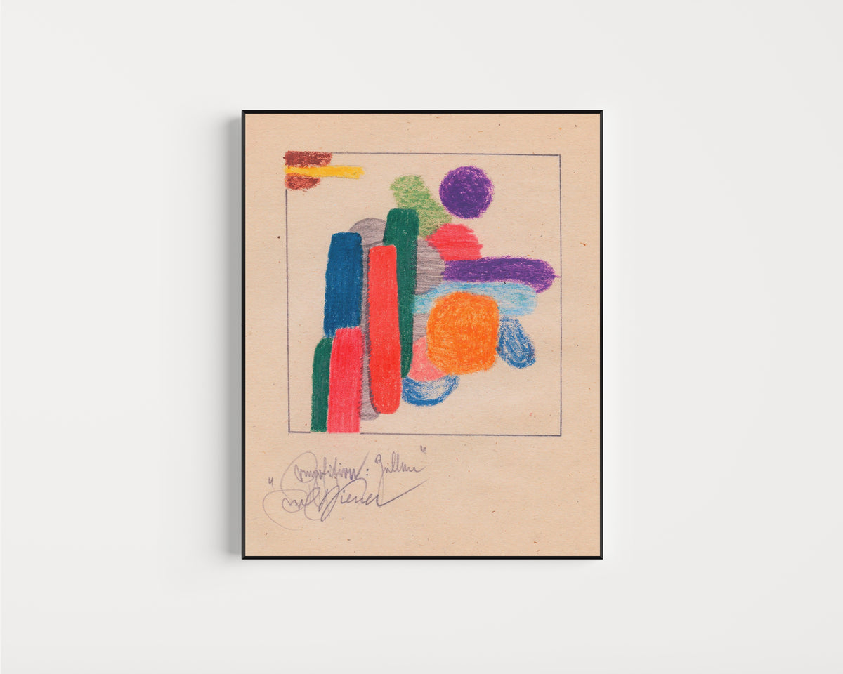 Framed art print of Komposition: Zellen (Composition: Cells) by Karl Wiener, in a slim black frame on a plain white wall