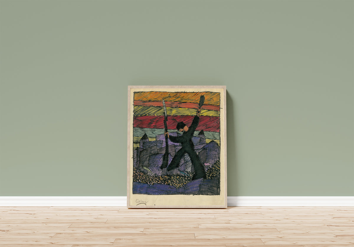 Framed art print of Krieg (War) by Karl Wiener, in a light wood frame leaning on a sage green wall above a wooden floor