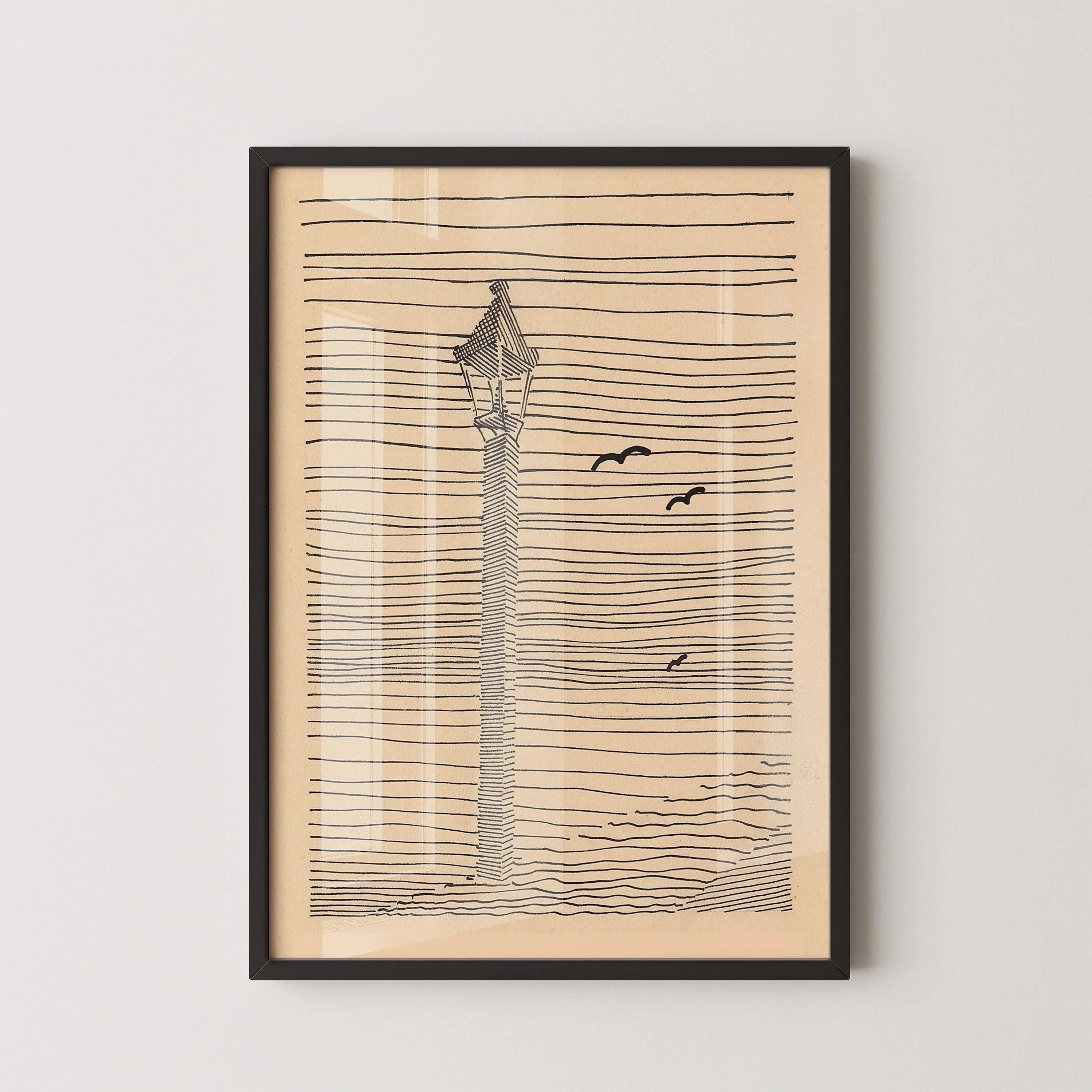 Karl Wiener - Lantern and Three Birds | Minimalist Beige Sketch Art (available handframed or unframed) - 9ArtPrints