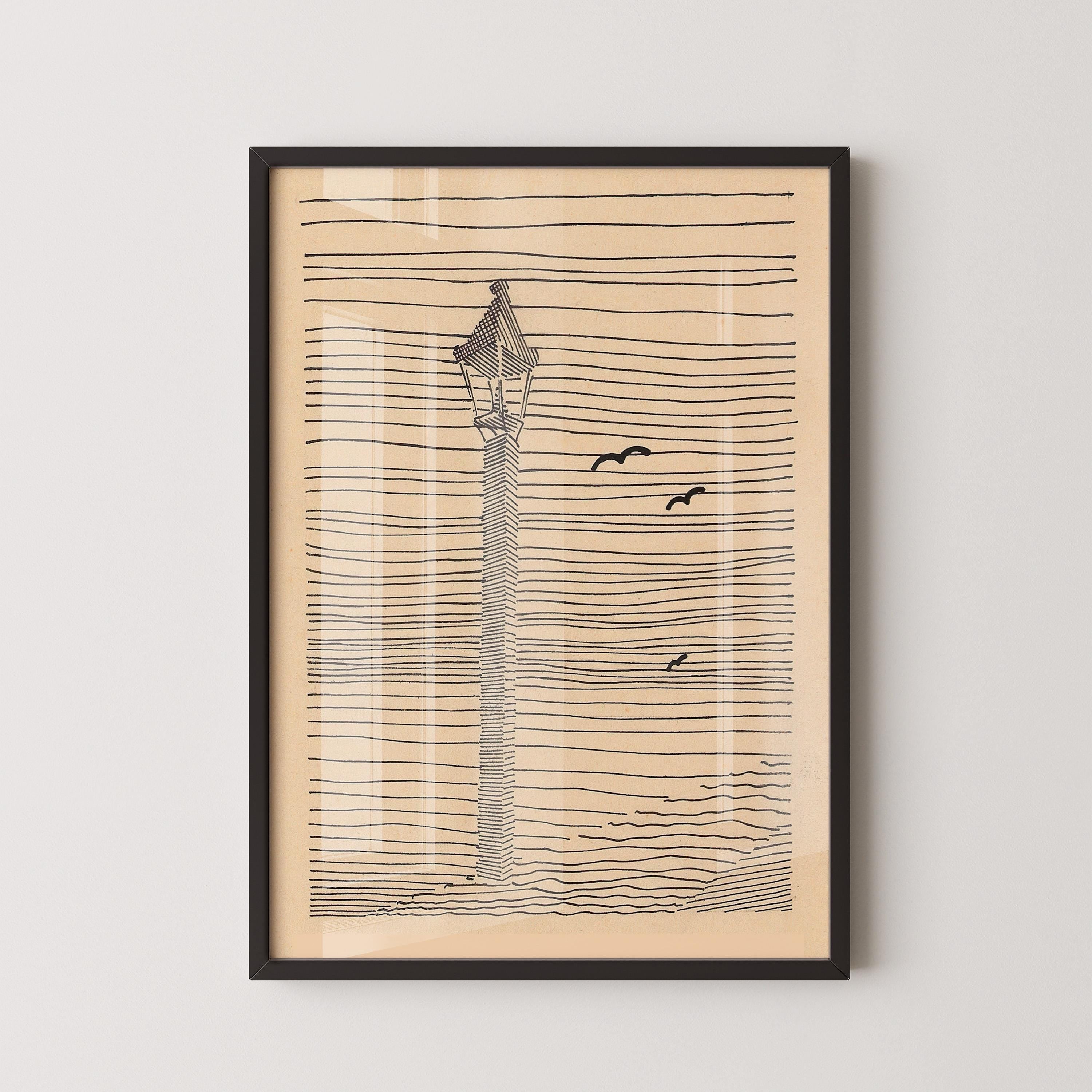 Karl Wiener - Lantern and Three Birds | Minimalist Beige Sketch Art