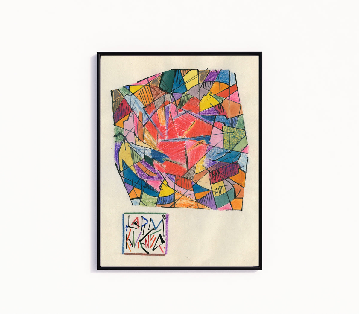 Framed art print of Lärm (Noise) by Karl Wiener, in a slim black frame on a plain white wall