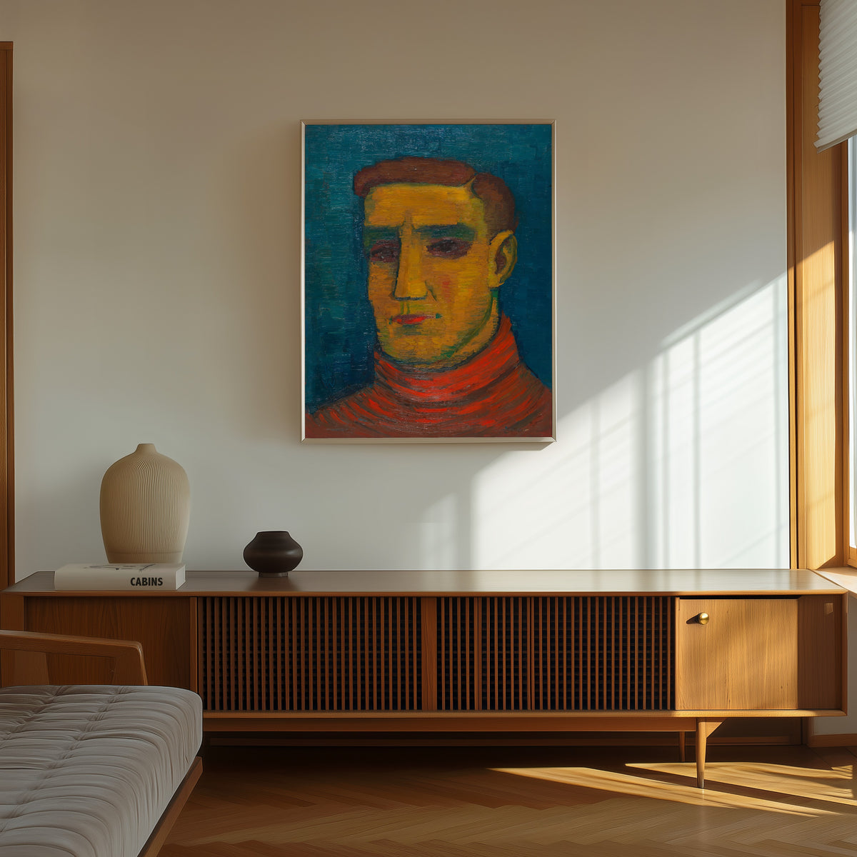 Framed art print of Männliches Porträt (Male Portrait in a Red Sweater) by Karl Wiener, in a thin light frame on a sunlit wall above a wooden sideboard