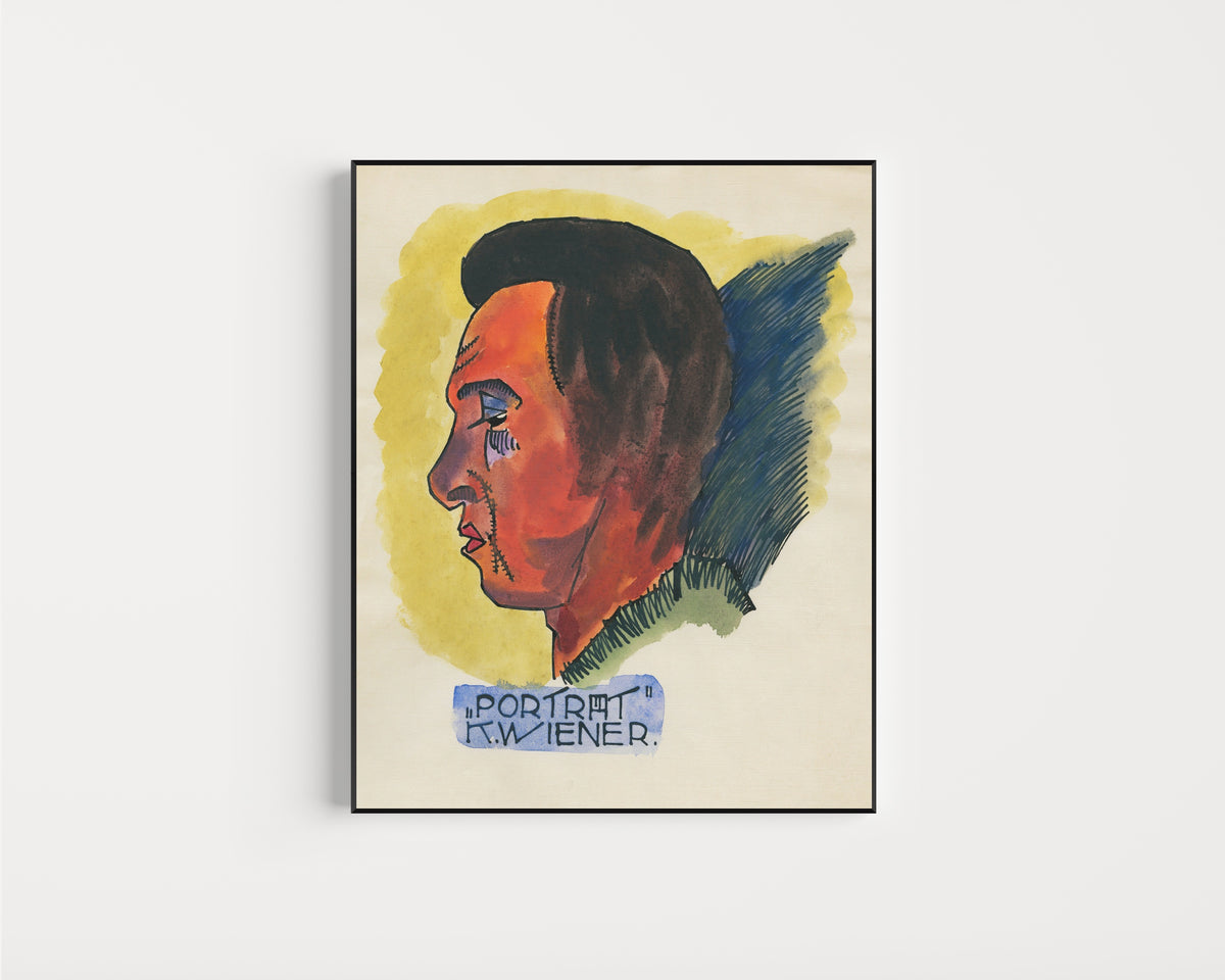 Framed art print of Porträt (Portrait in Profile) by Karl Wiener, in a slim black frame on a plain white wall
