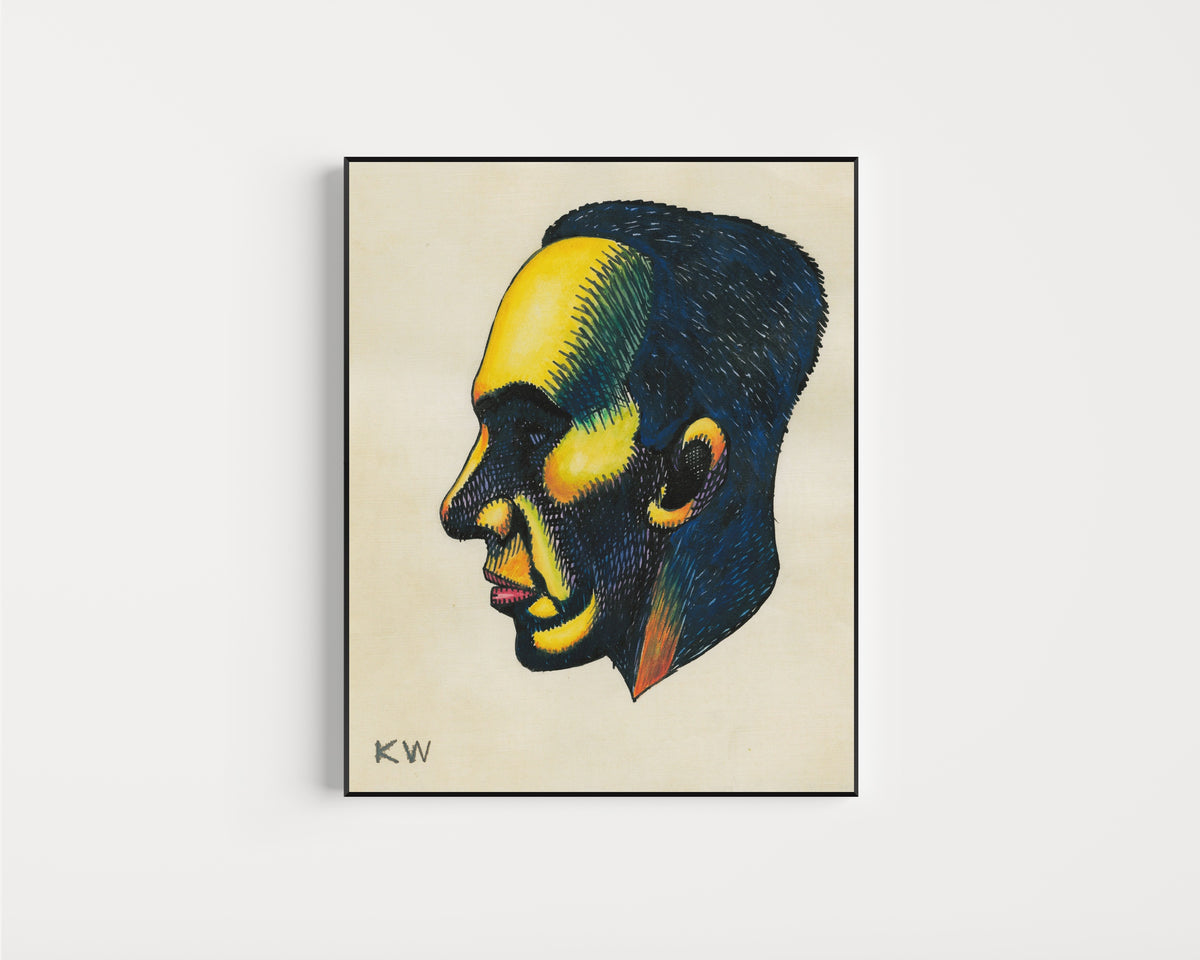 Framed art print of Profile Head Study No. 1 by Karl Wiener, in a slim black frame on a plain white wall