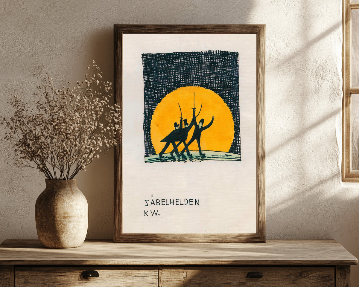 Framed art print of Säbelhelden (Sabre Heroes) by Karl Wiener, in a dark wood frame leaning on a rustic console beside dried flowers