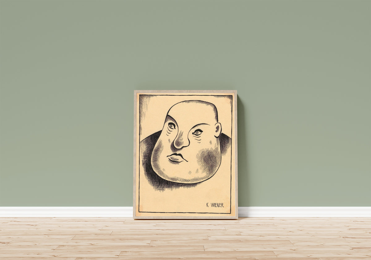 Framed art print of Spießbürger (Philistine) by Karl Wiener, in a light wood frame leaning on a sage green wall above a wooden floor
