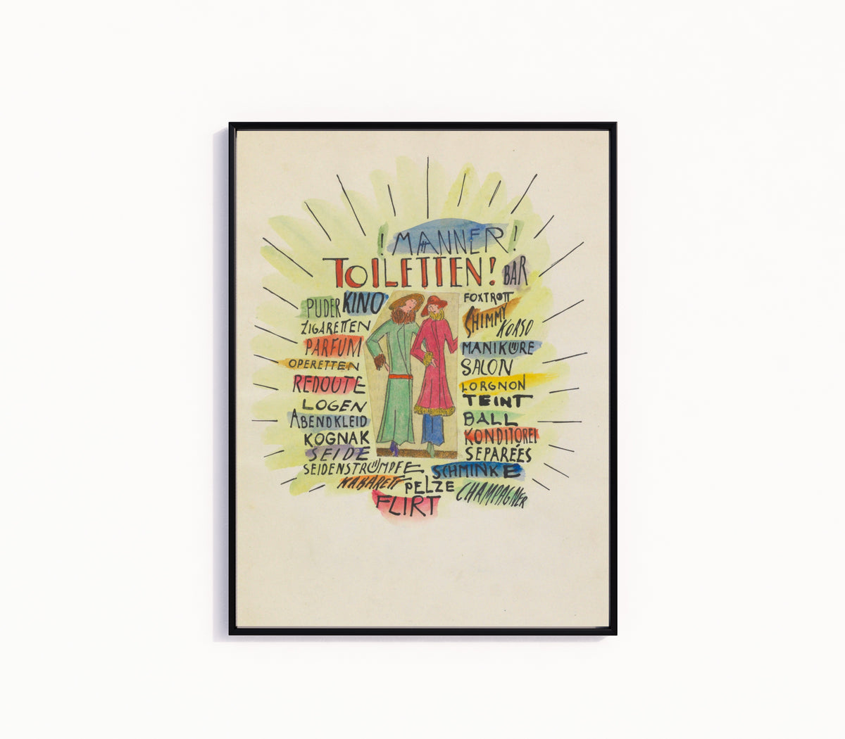 Framed art print of Unterhaltung, Graz (Entertainment, Graz) by Karl Wiener, in a slim black frame on a plain white wall