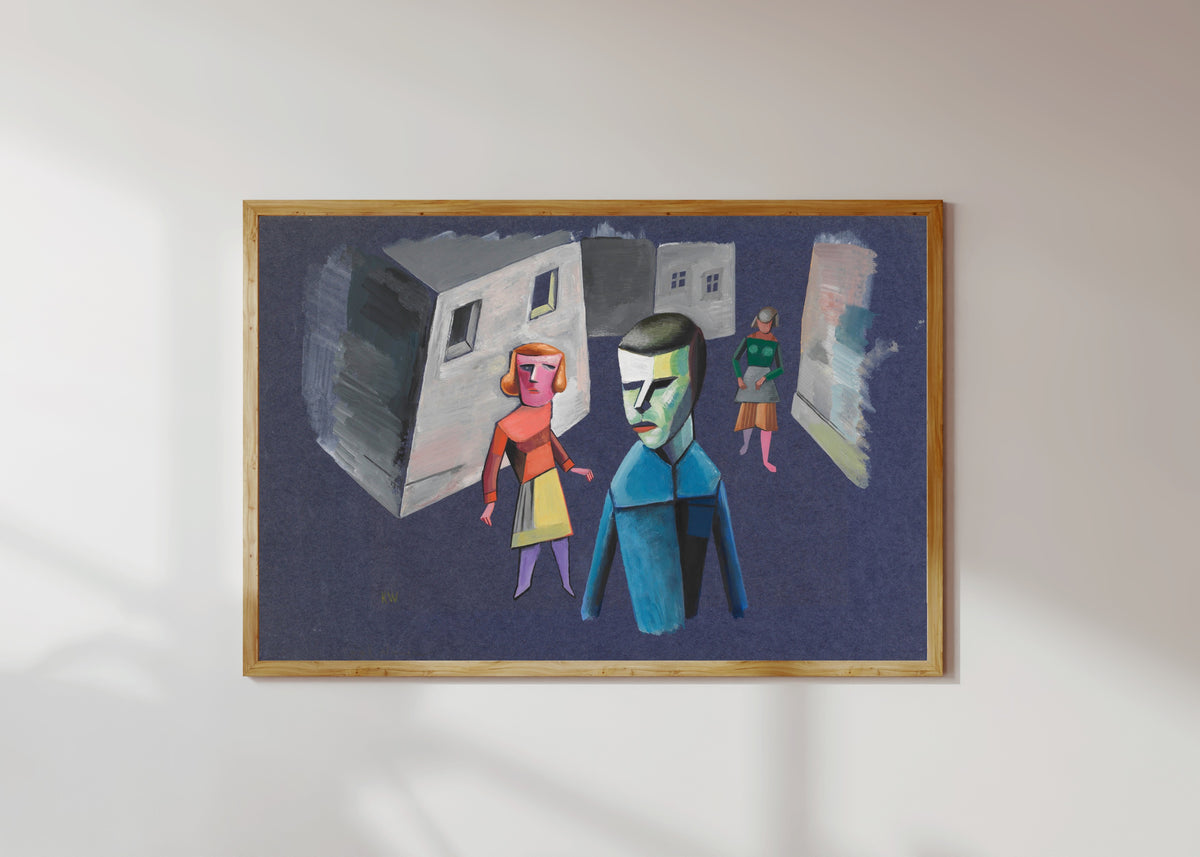 Framed art print of Untitled (Figure Study II) by Karl Wiener, in a light wood frame on a sunlit white wall