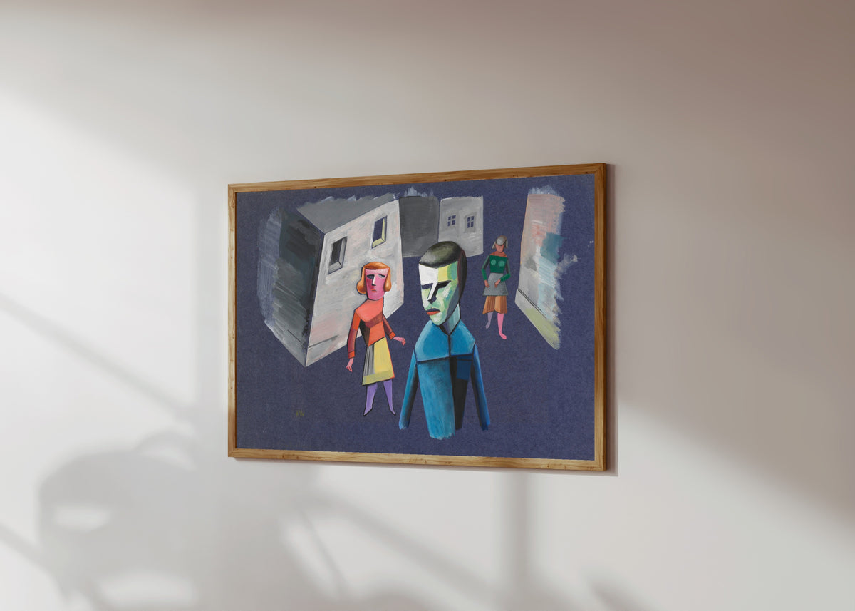 Framed art print of Untitled (Figure Study II) by Karl Wiener, in a light wood frame on a sunlit white wall, seen at a slight angle