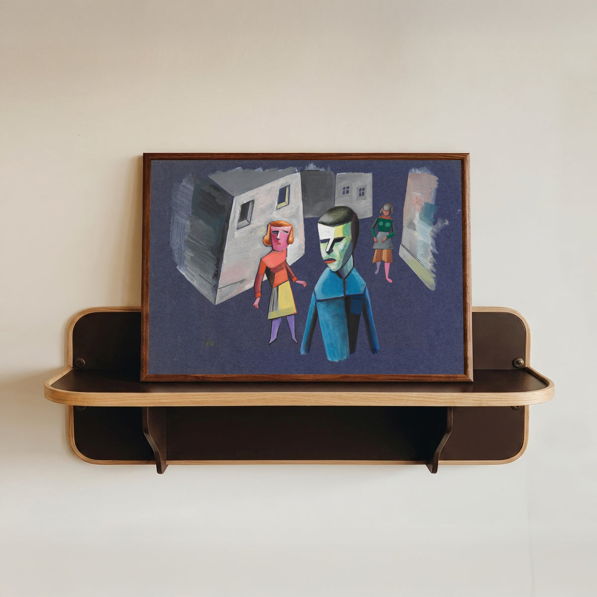 Framed art print of Untitled (Figure Study II) by Karl Wiener, in a dark wood frame resting on a wall shelf