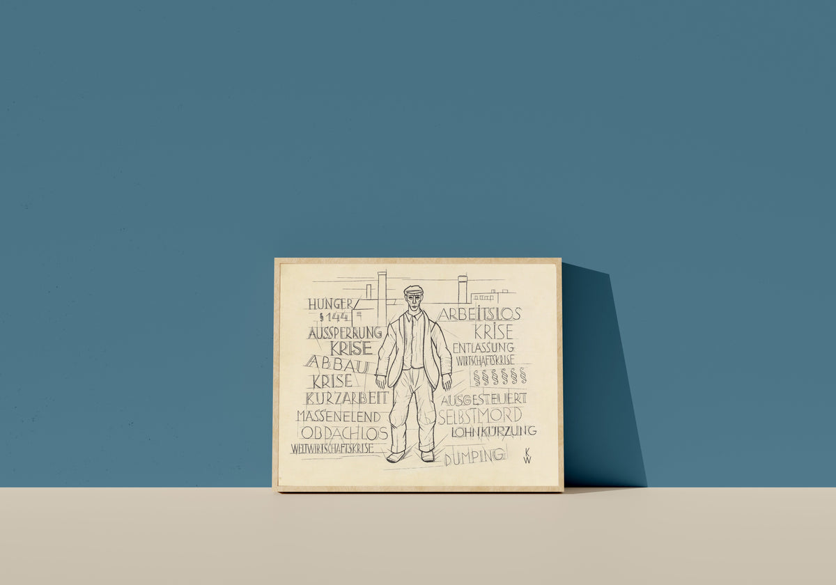 Framed art print of Untitled (Hunger, World Economic Crisis, Unemployed) by Karl Wiener, in a light wood frame leaning on a blue wall
