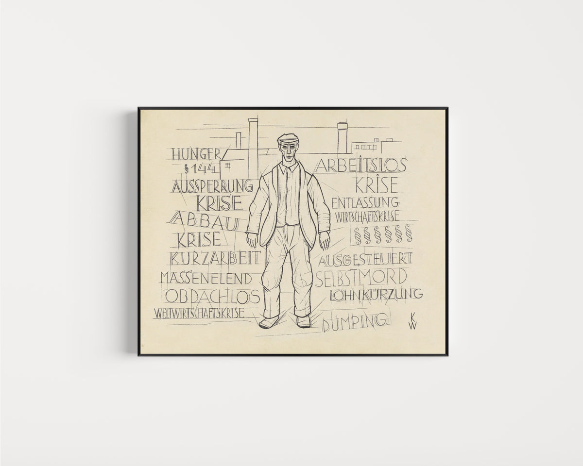 Framed art print of Untitled (Hunger, World Economic Crisis, Unemployed) by Karl Wiener, in a slim black frame on a plain white wall