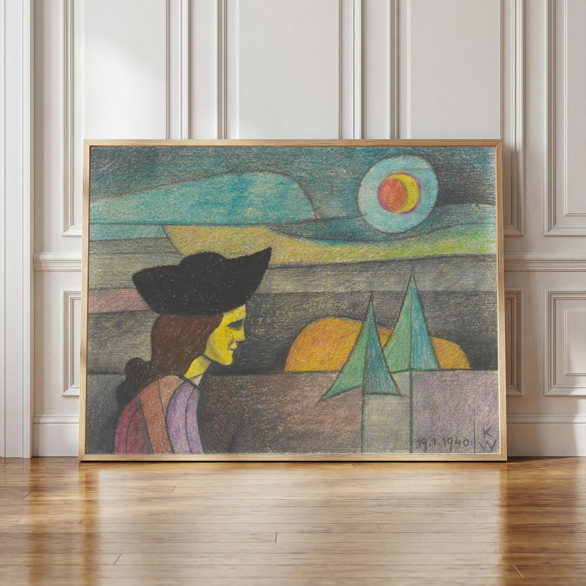 Framed art print of Untitled (Woman with a Black Hat) by Karl Wiener, in a light wood frame leaning against a panelled white wall