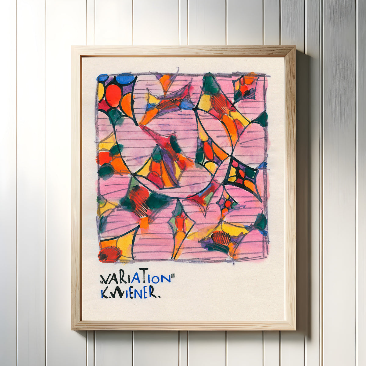 Framed art print of Variation by Karl Wiener, in a light wood frame on a white panelled wall