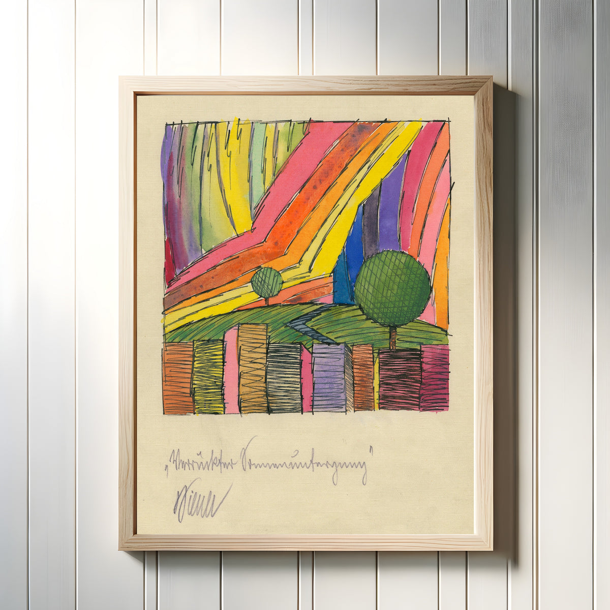 Framed art print of Verrückter Sonnenuntergang (Crazy Sunset) by Karl Wiener, in a light wood frame on a white panelled wall