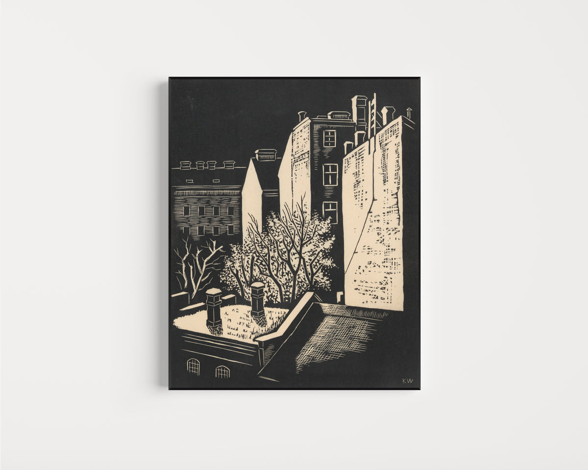 Framed art print of Vorstadtfrühling (Suburban Spring) by Karl Wiener, in a slim black frame on a plain white wall