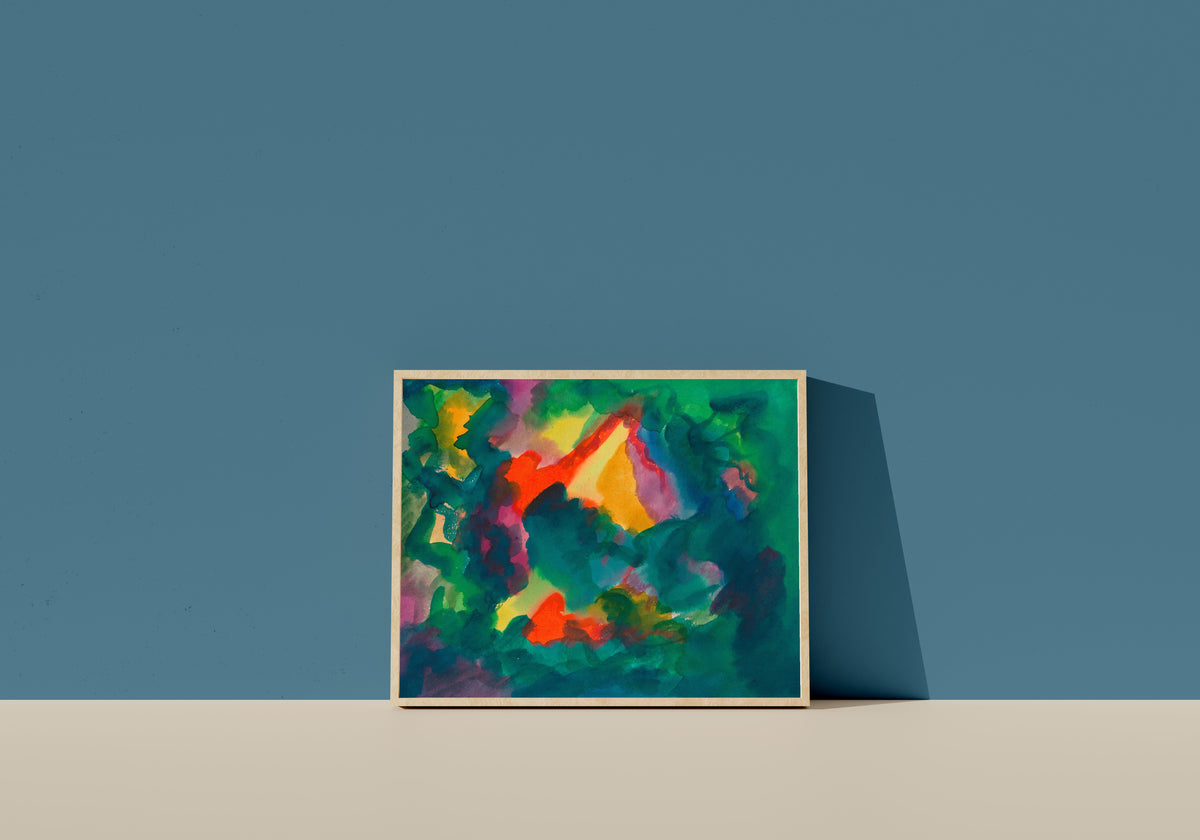 Framed art print of Zersetzung II (Decomposition II) by Karl Wiener, in a light wood frame leaning on a blue wall