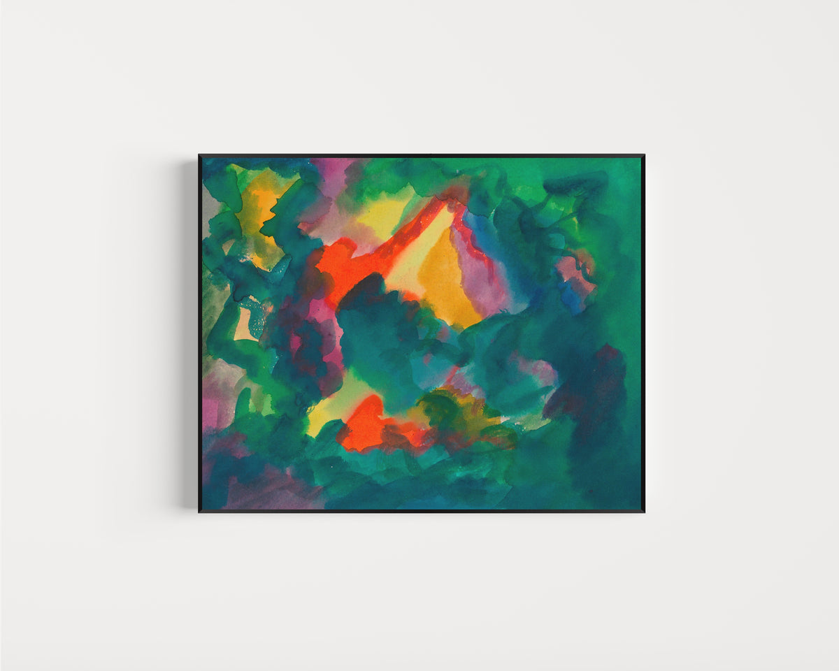 Framed art print of Zersetzung II (Decomposition II) by Karl Wiener, in a slim black frame on a plain white wall