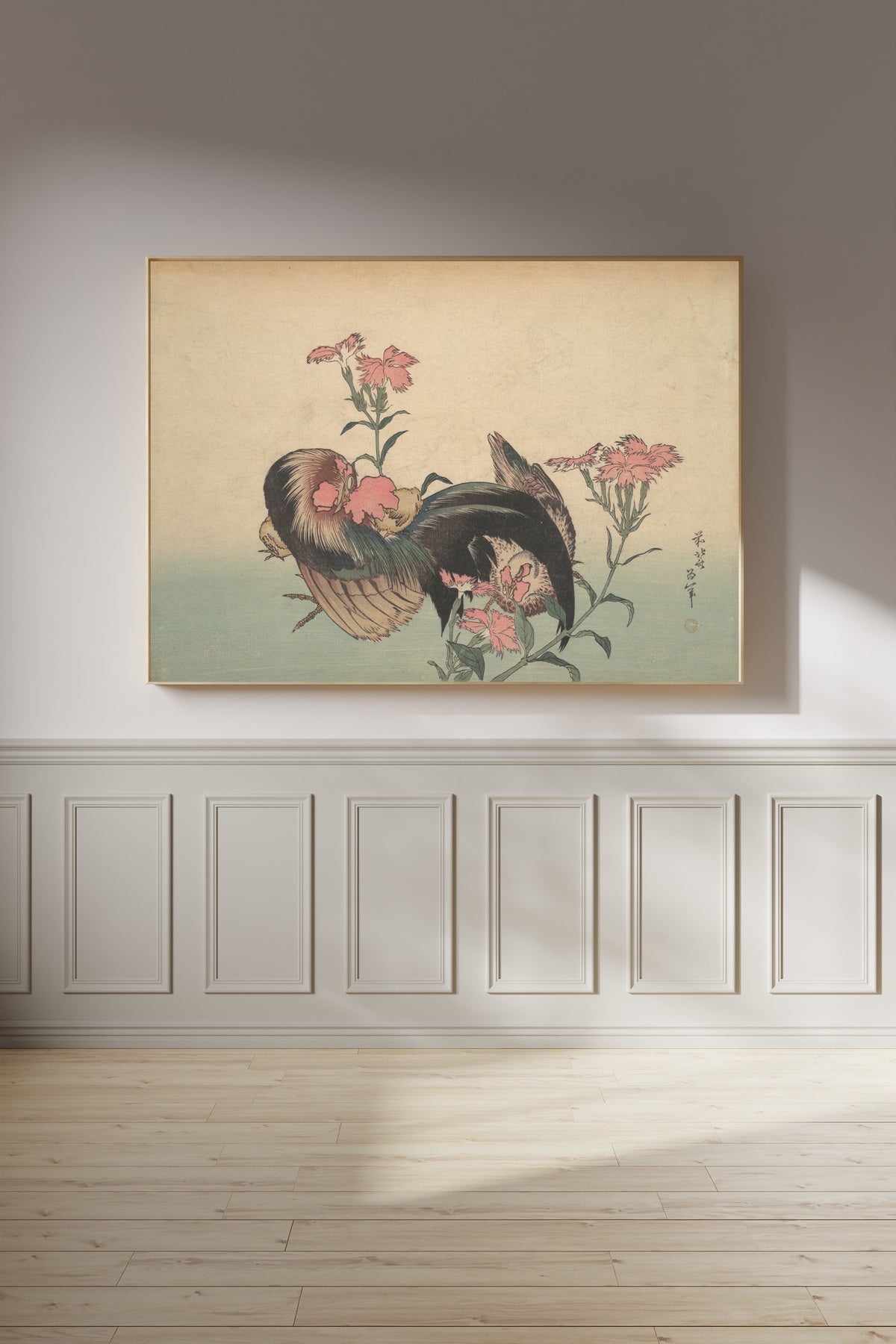 Katsushika Hokusai — Cock, Hen, and Nadeshiko (Dianthus Superbus) | Japanese Woodblock Print (Ukiyo-e)