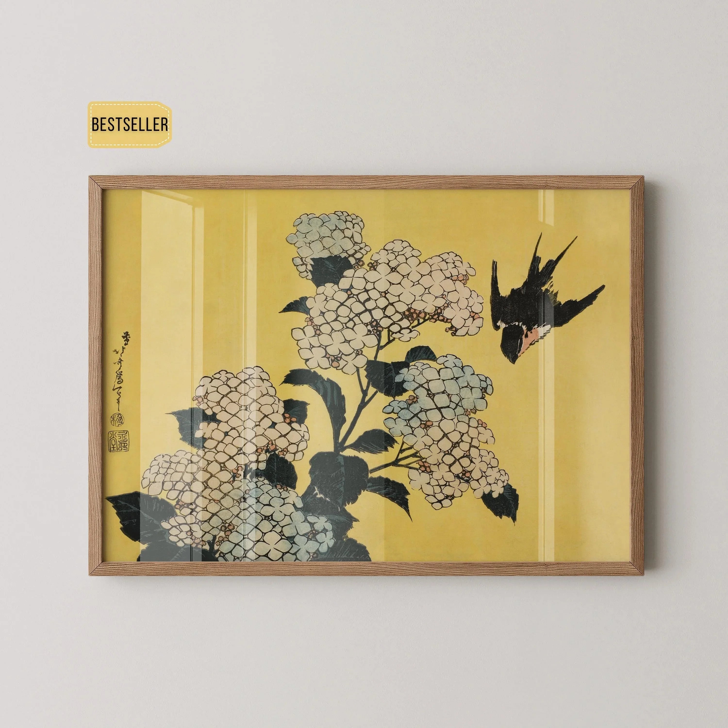 Katsushika Hokusai - Hydrangeas and Swallow | PRINT | Our Most Gorgeous Japanese Vintage Painting in Yellow available framed - 9ArtPrints