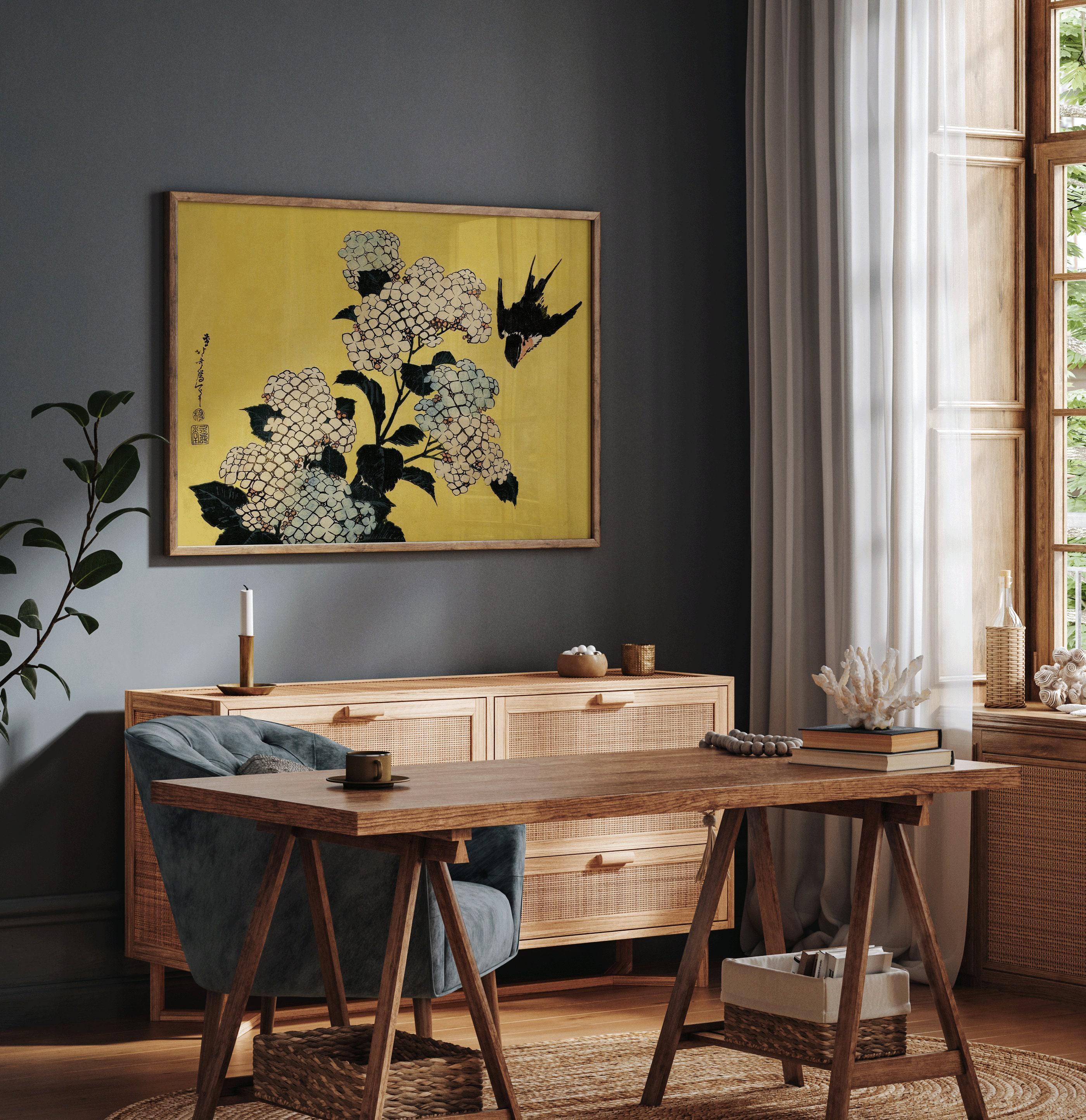Katsushika Hokusai - Hydrangeas and Swallow | PRINT | Our Most Gorgeous Japanese Vintage Painting in Yellow available framed - 9ArtPrints