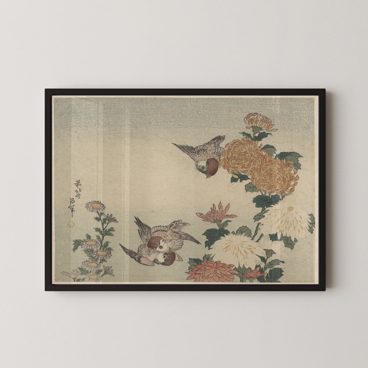 Katsushika Hokusai — Sparrows and Chrysanthemums | Japanese Woodblock Print (Ukiyo-e)