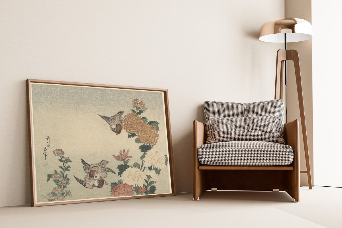 Katsushika Hokusai — Sparrows and Chrysanthemums | Japanese Woodblock Print (Ukiyo-e)