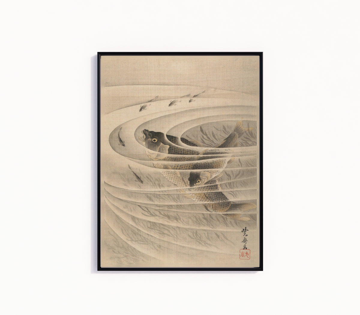 Framed art print of Carp (Koi-zu) by Kawanabe Kyosai, in a slim black frame on a plain white wall