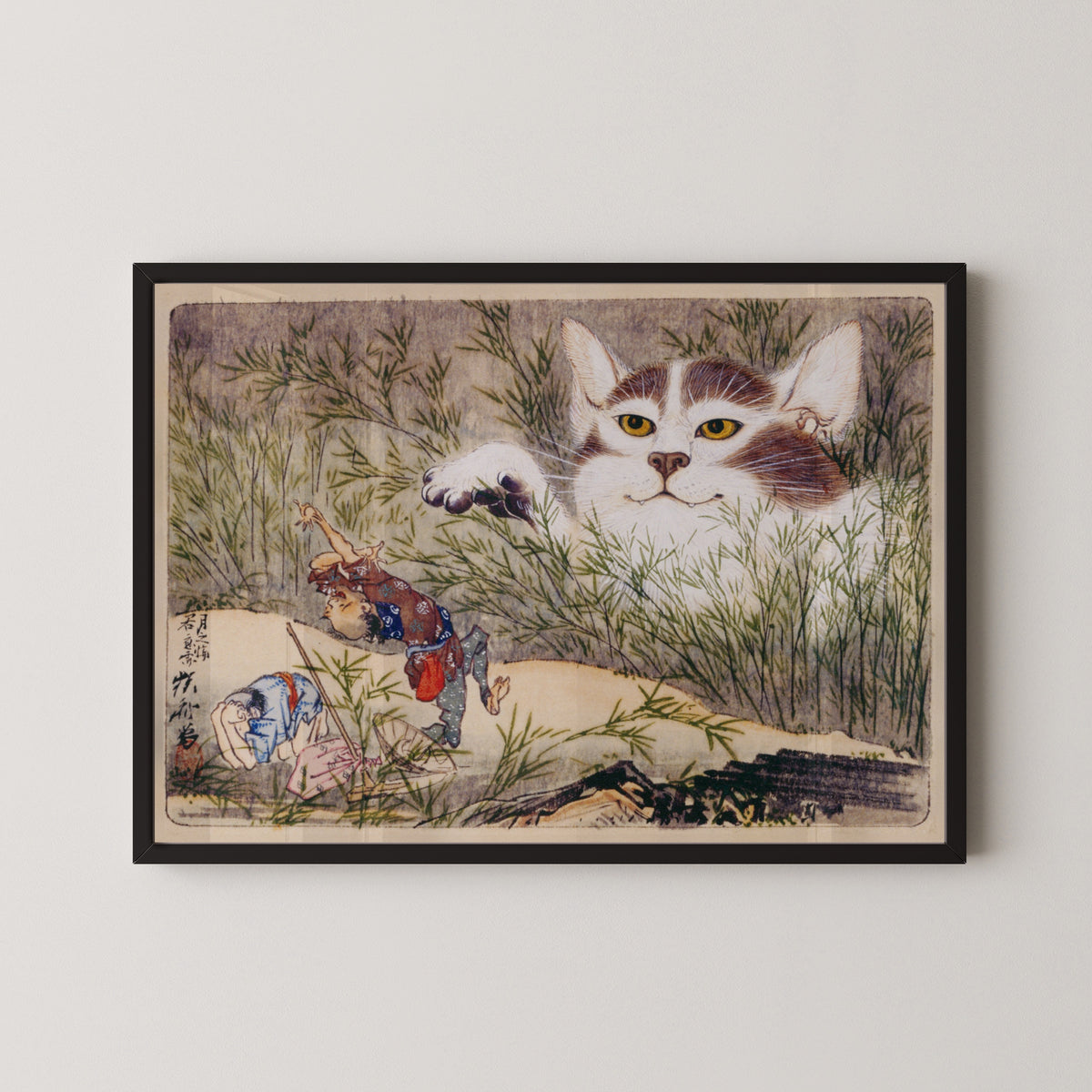 Seisei Kyōsai Album (Giant Cat in the Grass) by Kawanabe Kyosai — in a black frame on a pale wall
