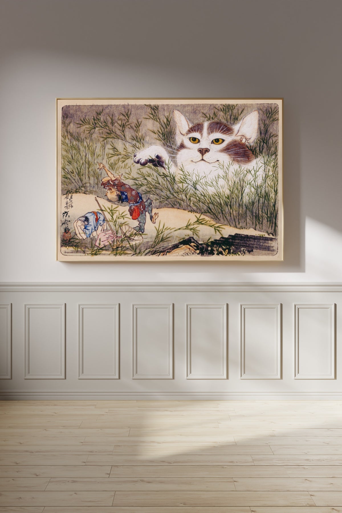Seisei Kyōsai Album (Giant Cat in the Grass) by Kawanabe Kyosai — framed on a panelled wall in afternoon light