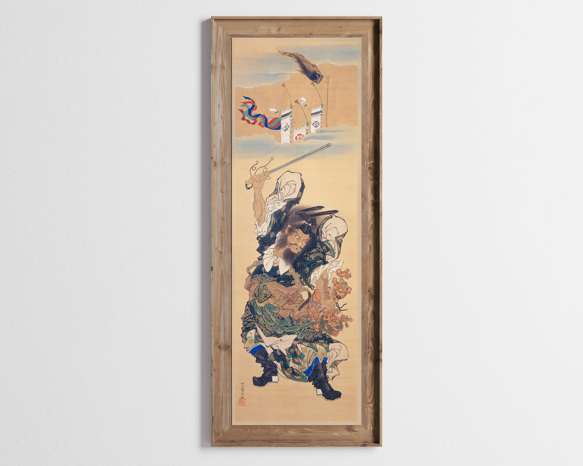 Shōki on a Banner by Kawanabe Kyosai — in a tall wooden frame on a pale wall