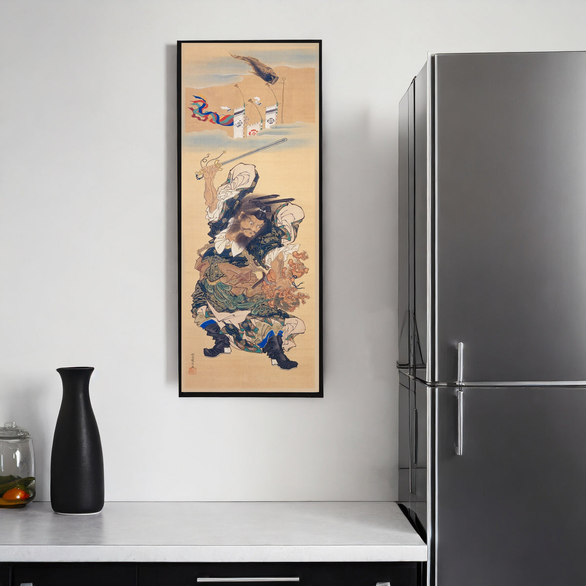 Shōki on a Banner by Kawanabe Kyosai — framed on a kitchen wall