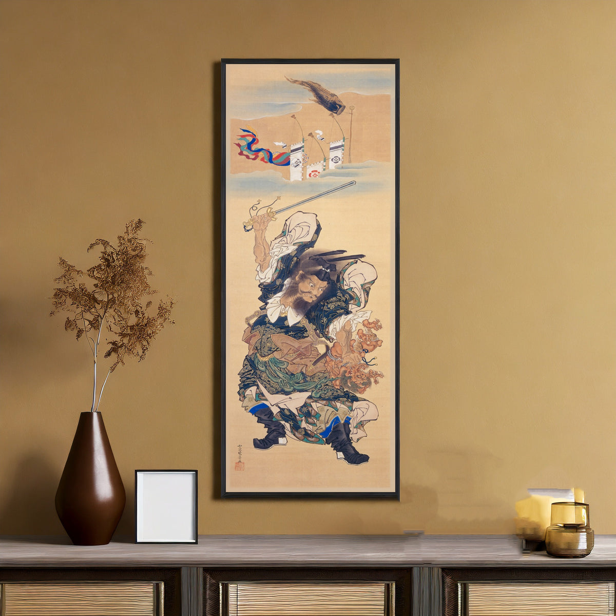 Shōki on a Banner by Kawanabe Kyosai — framed on an ochre wall above a console table