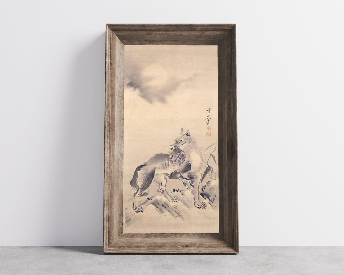 Wolf under the Moon by Kawanabe Kyosai — in a wide wooden frame leaning against a concrete wall