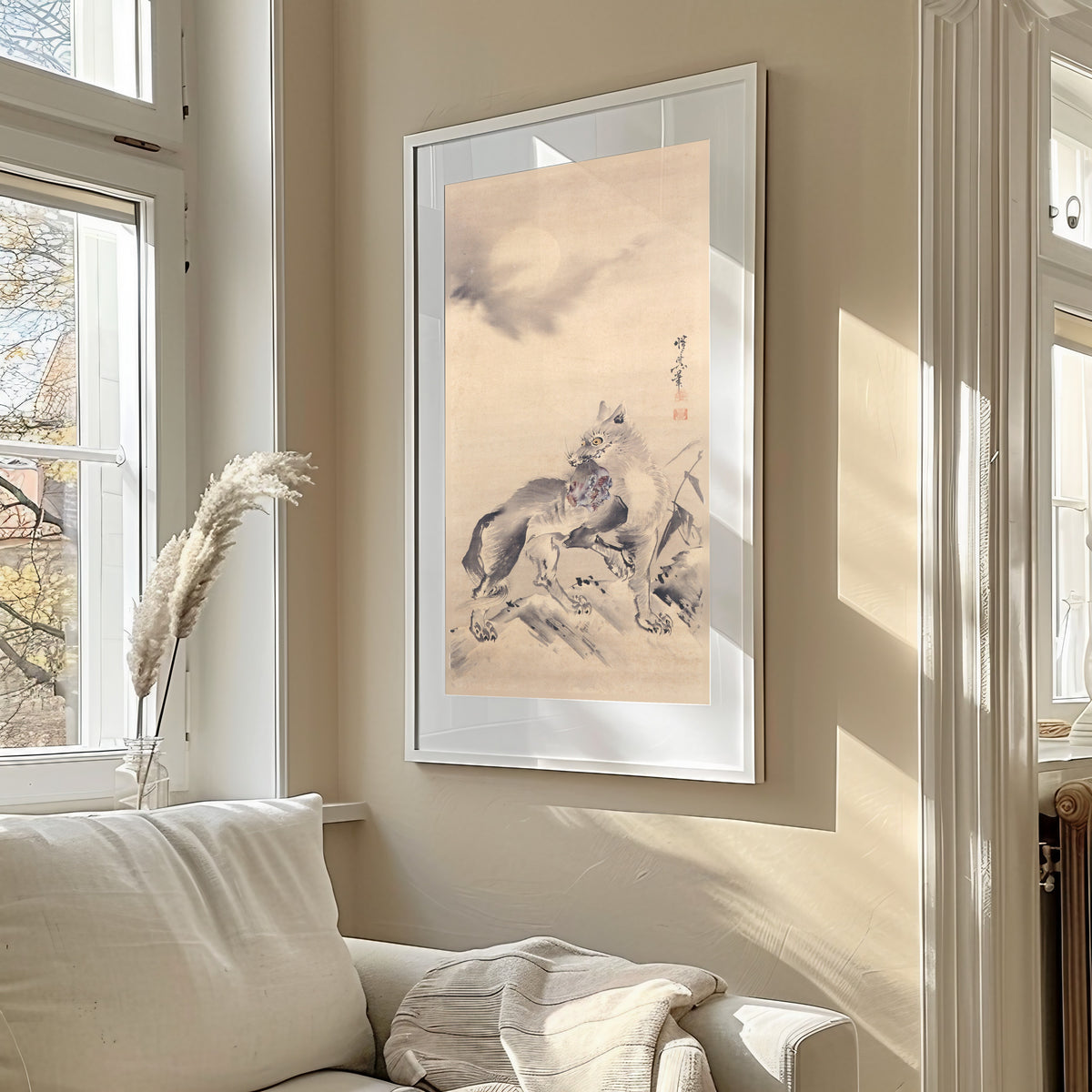 Wolf under the Moon by Kawanabe Kyosai — framed in a sunlit living room above a sofa