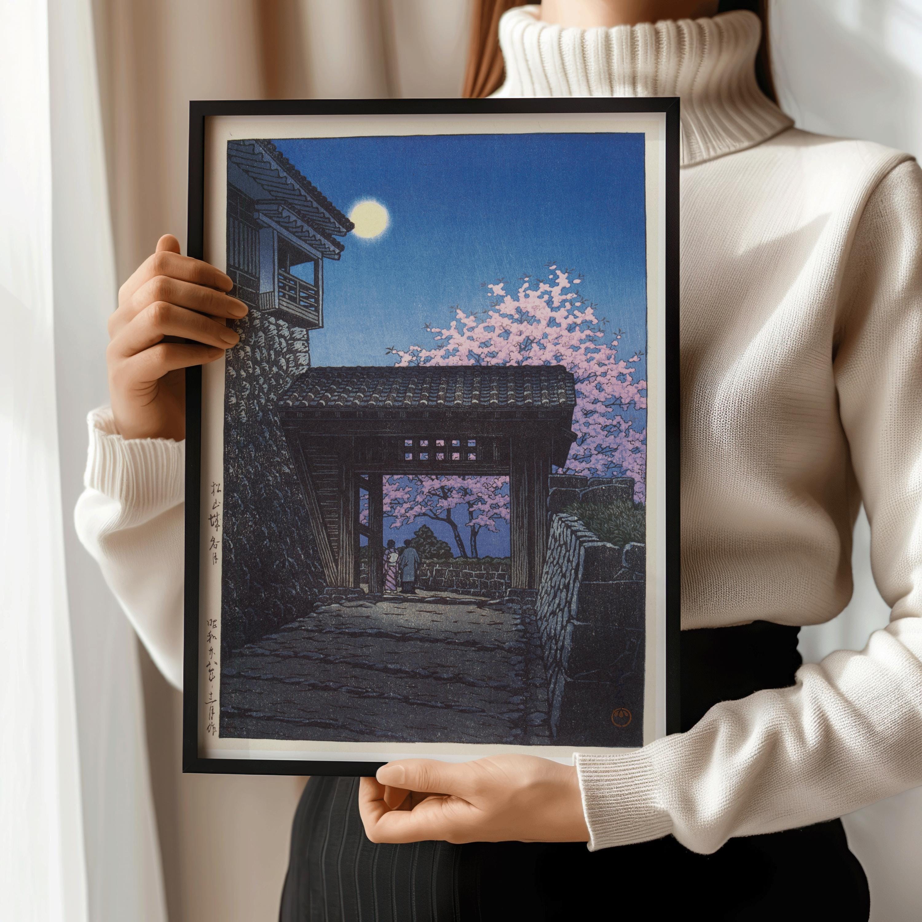 Kawase Hasui - Evening at Matsuyama Castle Meigetsu | PREMIUM GICLÉE PRINT | Stunning Japanese Cherry Blossom Woodblock Art available framed - 9ArtPrints