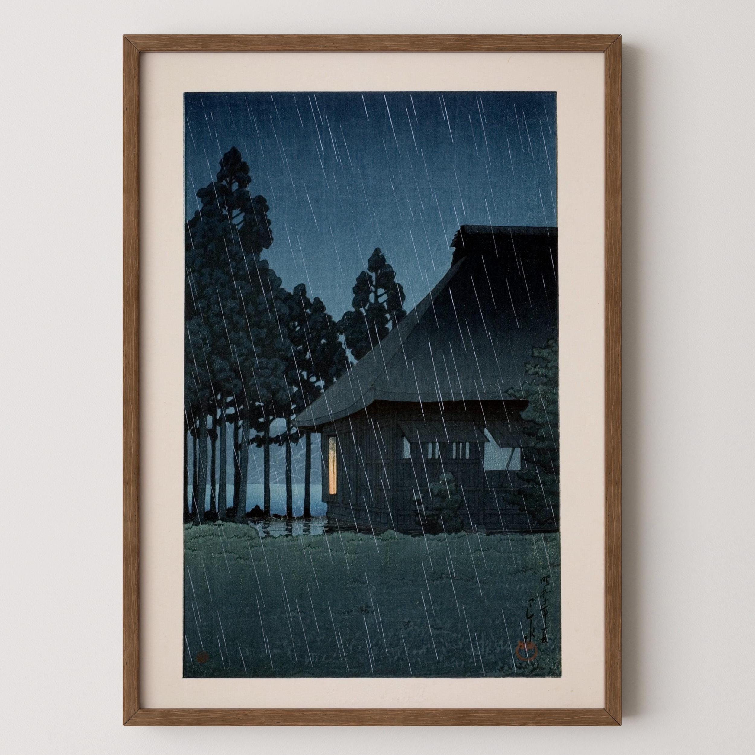 Kawase Hasui Japanese Woodblock Print: Lakeside Tearoom, Night Rain - 9ArtPrints