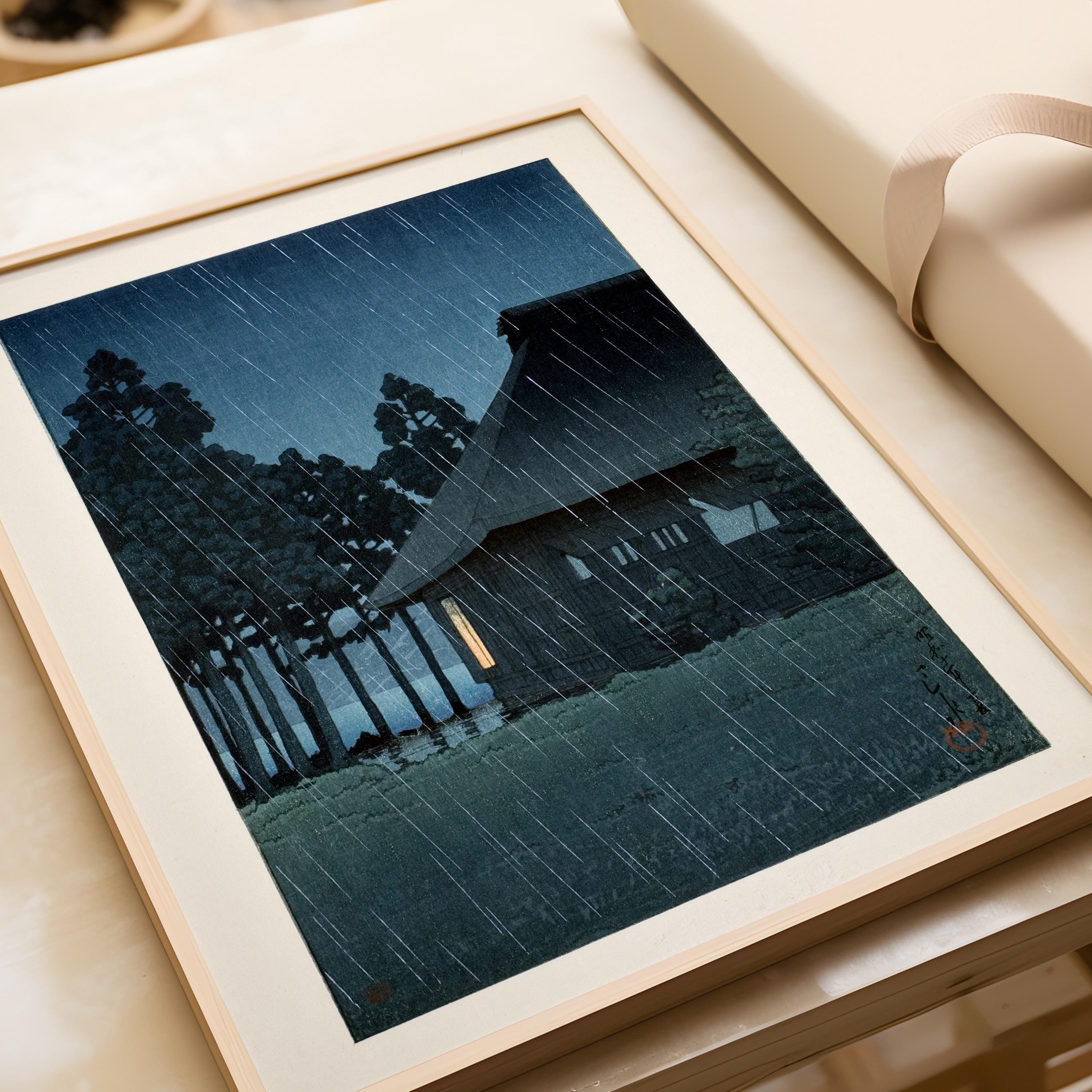 Kawase Hasui Japanese Woodblock Print: Lakeside Tearoom, Night Rain - 9ArtPrints