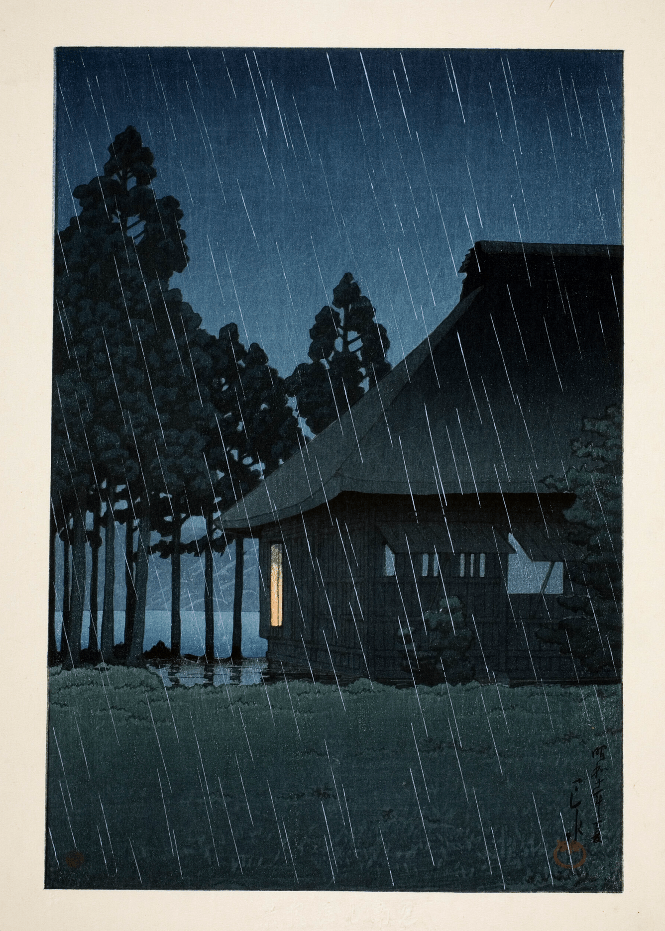 Kawase Hasui — Japanese Woodblock Print: Lakeside Tearoom, Night Rain | Japanese Woodblock Print (Shin Hanga) - 9ArtPrints
