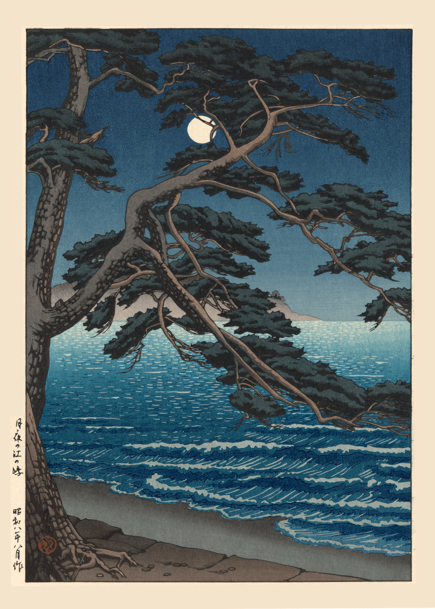 Kawase Hasui — Moon at Enoshima Beach Giclee Print: | Japanese Woodblock Print (Shin Hanga)