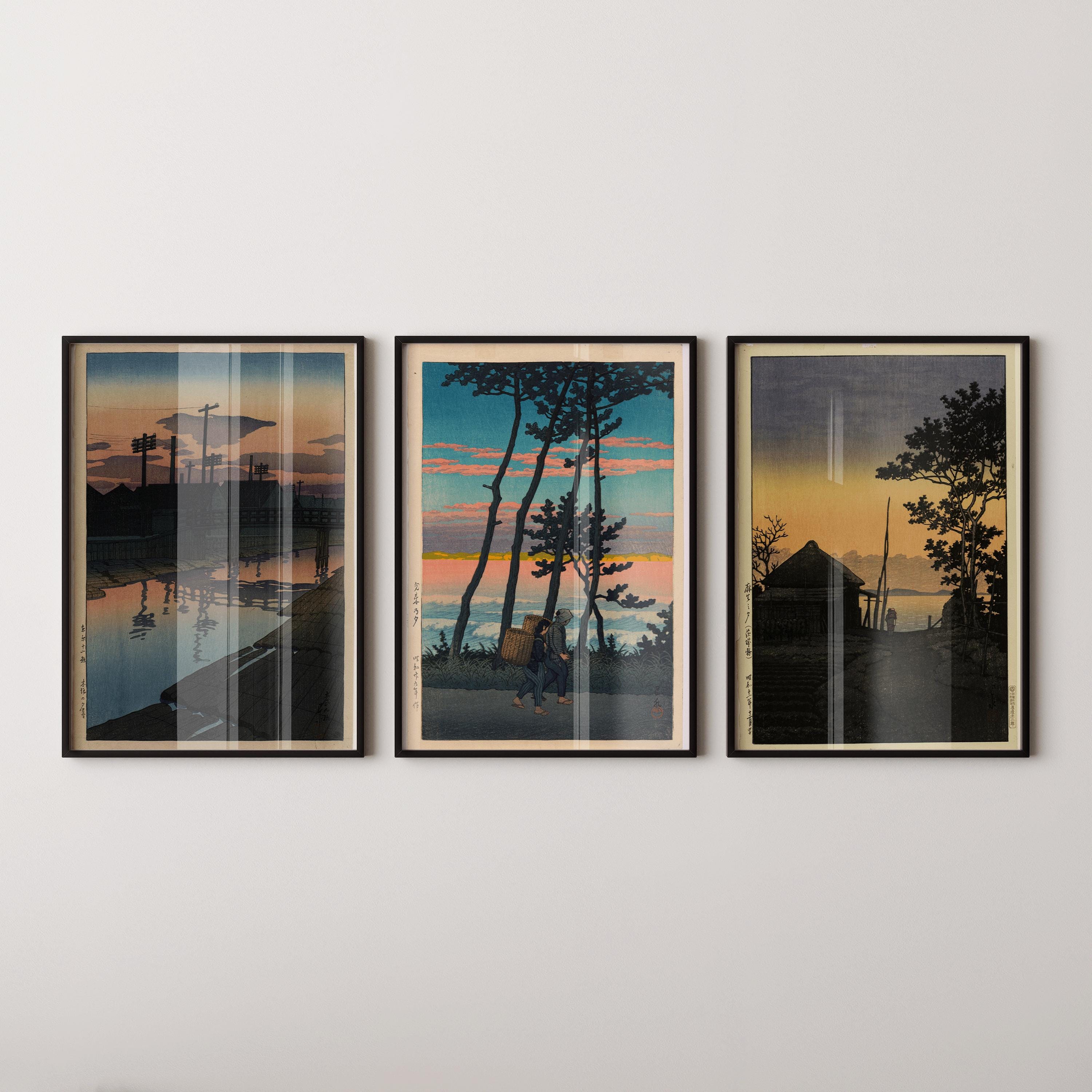 Kawase Hasui Shin - Hanga Art Print Trio: Dusk Theme, Framed Option - 9ArtPrints