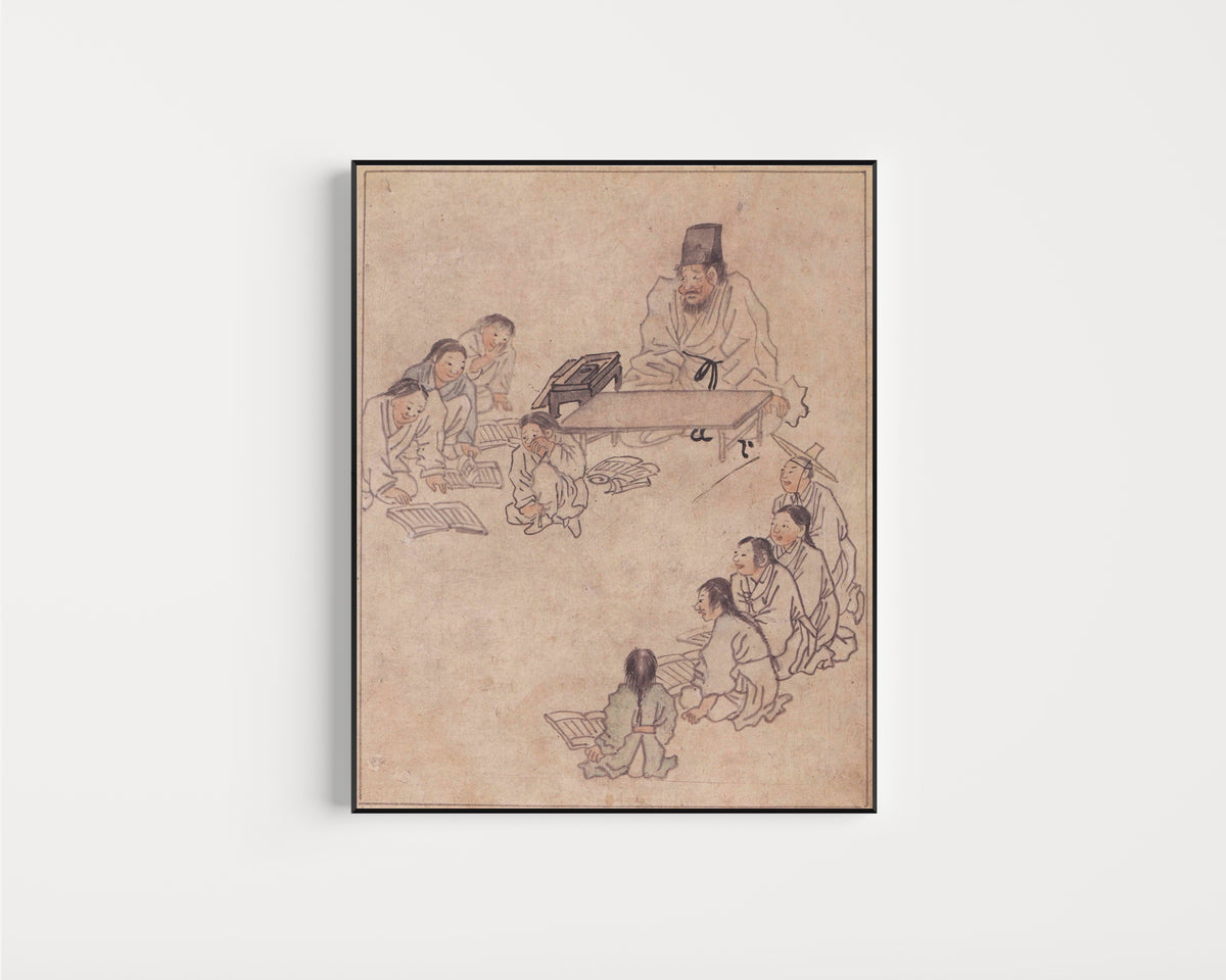 Framed art print of Danwon Genre Painting Album: Village School by Kim Hong-do (Danwon), in a slim black frame on a plain white wall