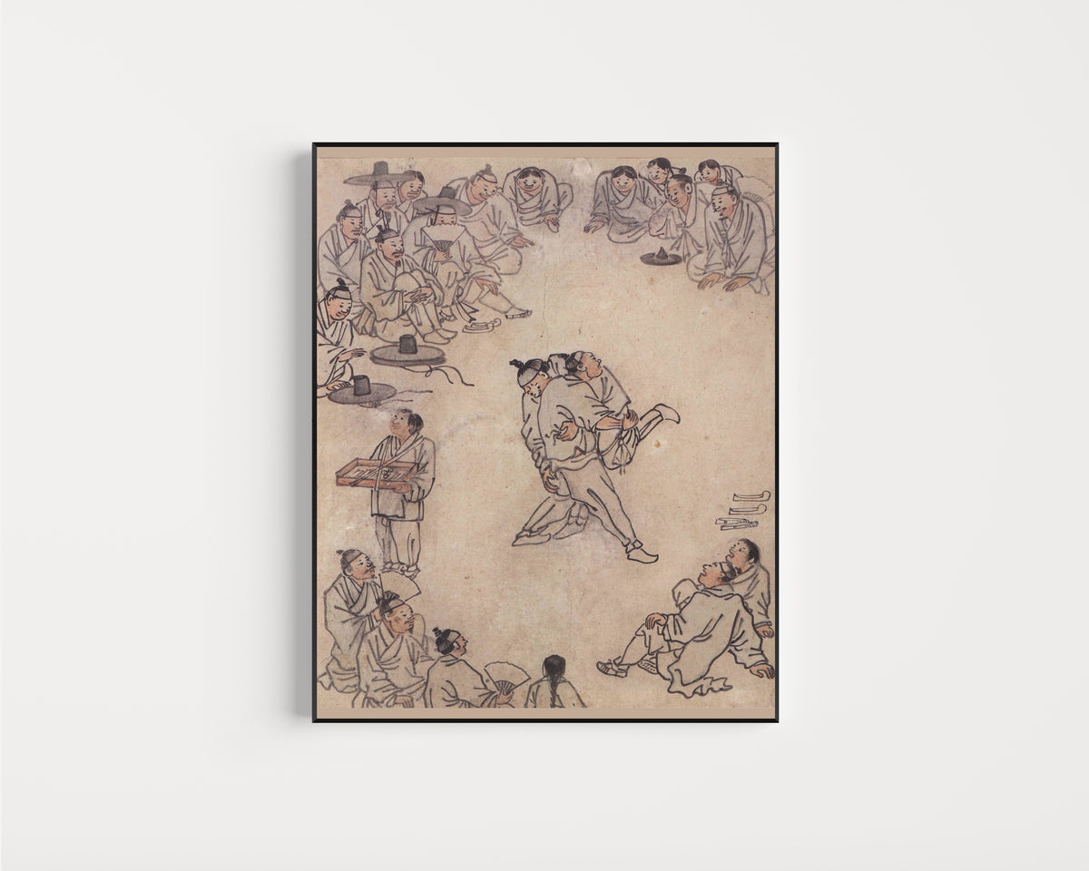 Framed art print of Danwon Genre Painting Album: Wrestling by Kim Hong-do (Danwon), in a slim black frame on a plain white wall